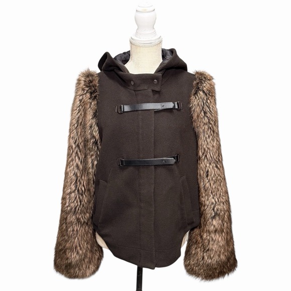 Anthropologie Jackets & Blazers - Anthropologie Leifsdottir Hooded Brown Coat Faux Fur Sleeves Jacket Size 10